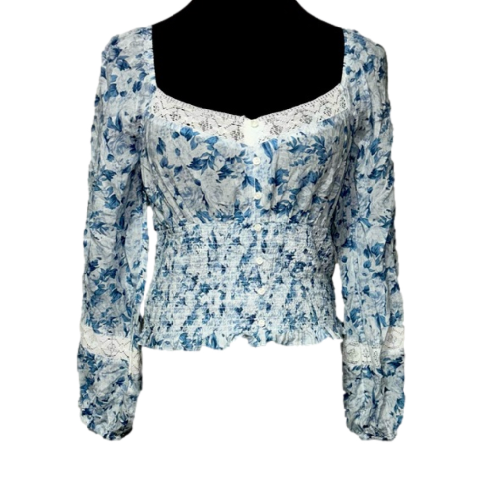 Blue and white American Eagle top with lace detailing